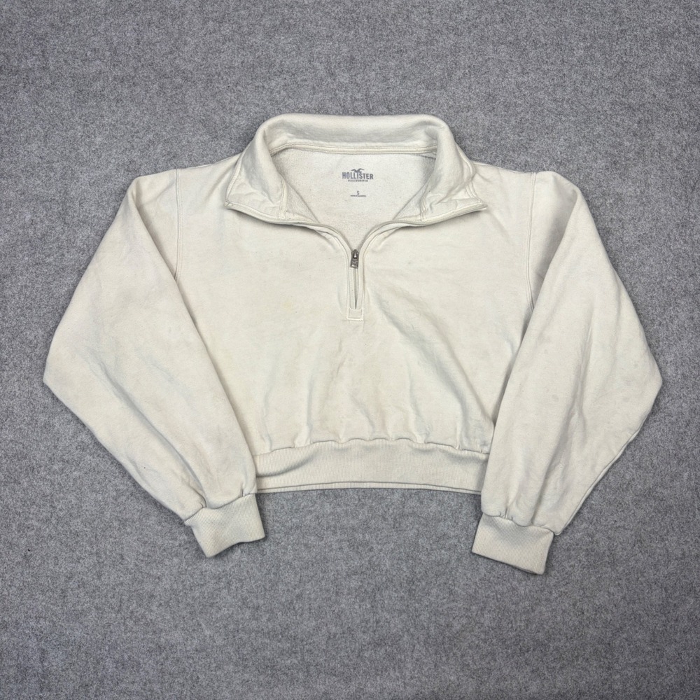 Hollister Womens Cream Quarter Zip Cropped Sweatshirt Fleece Pullover Small